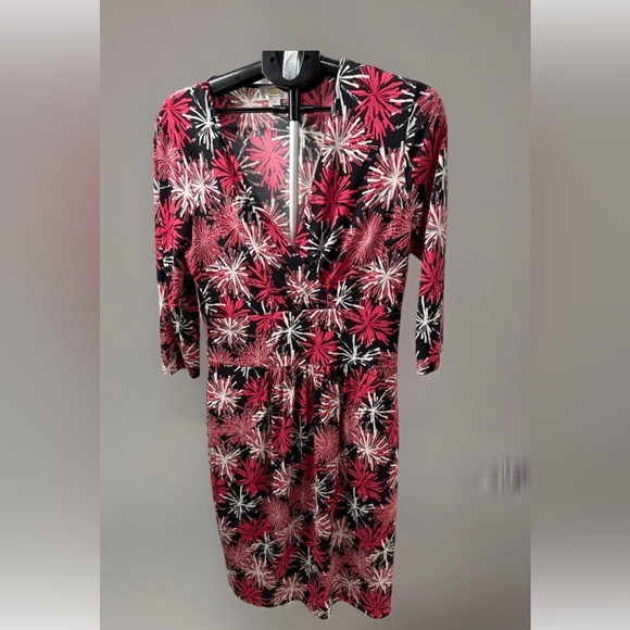 Talbots Midi Dress Red, Black & White Stretchy Women Size 12 Abstract 3/4Sleeve - Picture 1 of 10